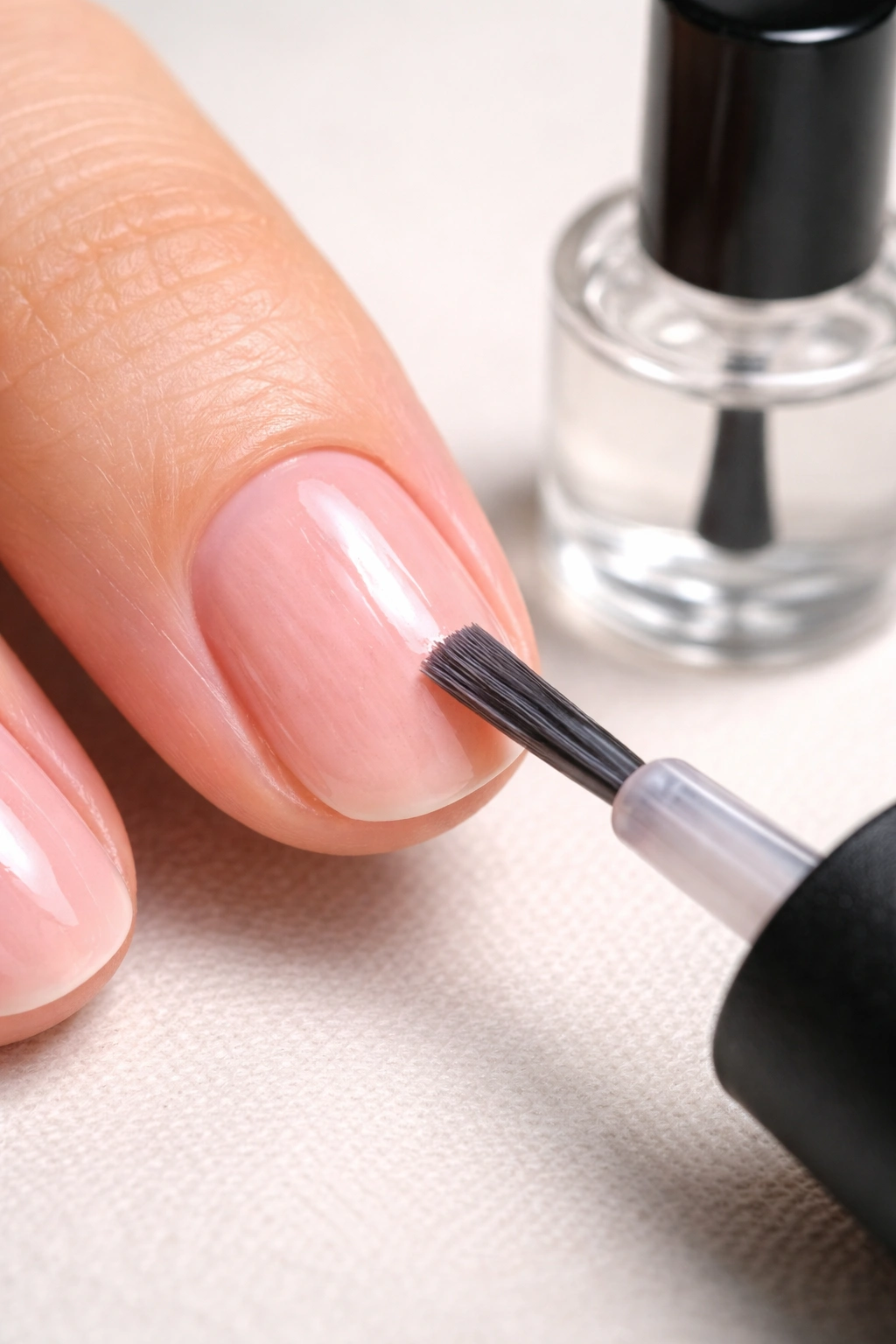 Close-up of a nail being touched up with a second thin coat to fix streaks