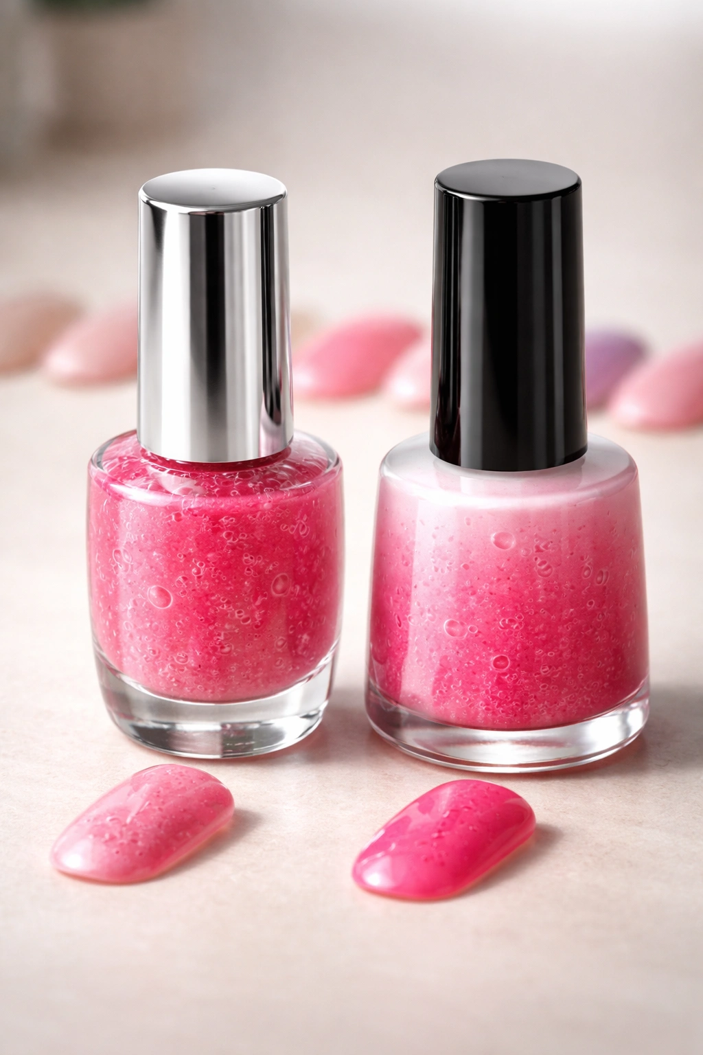 Close-up of two nail polish bottles showing different polish types on a neutral tabletop