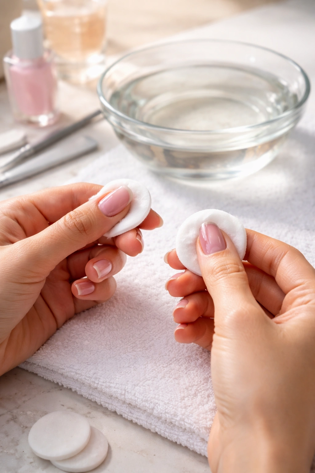 Hands preparing nails for polish with cotton pads and warm water in a clean setup.