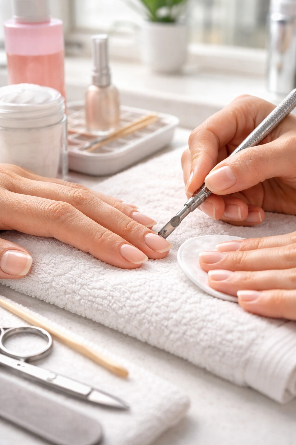 Hands prepped for nails using acetone wipe and cuticle push back on clean vanity