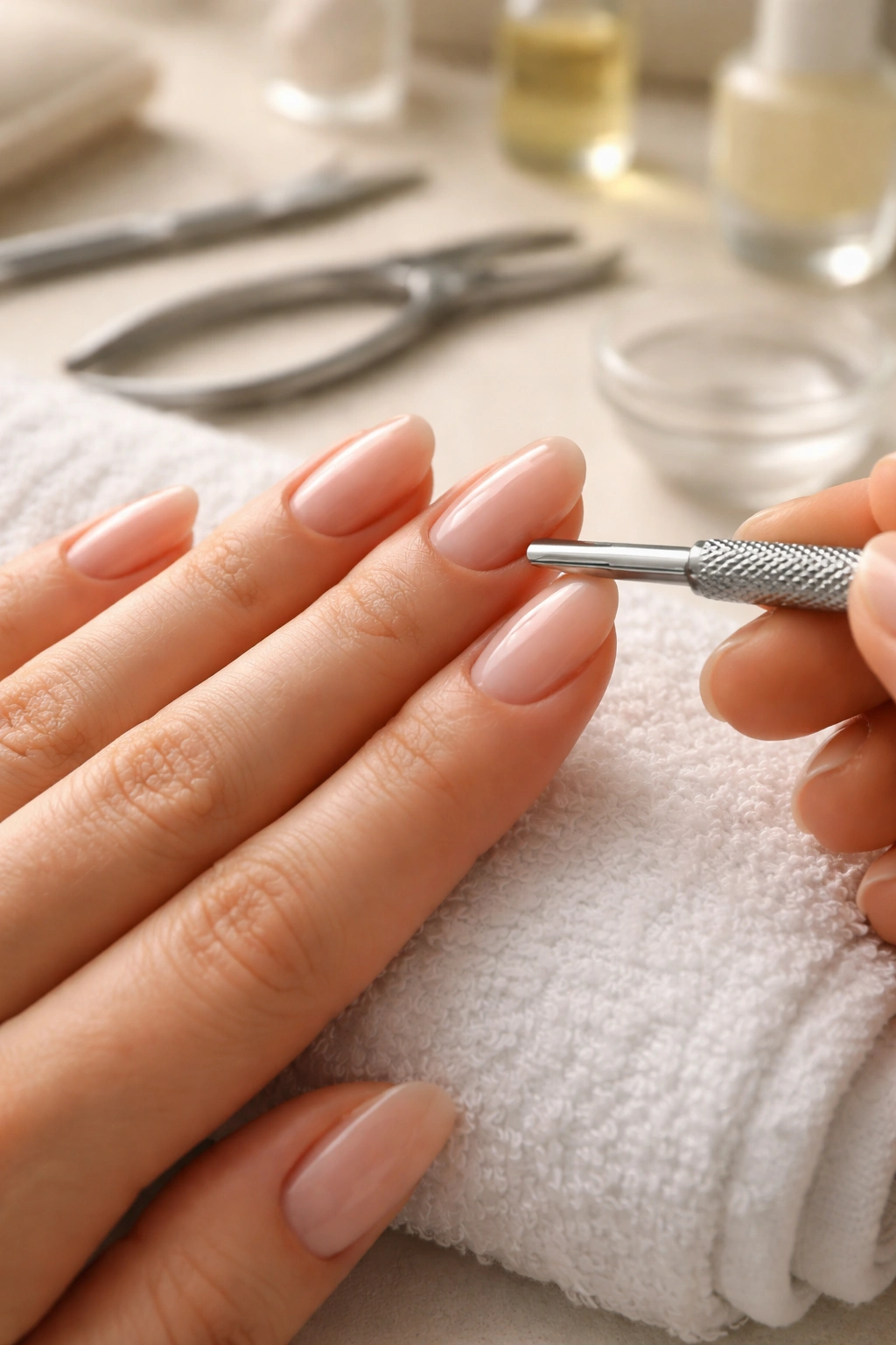 Hand being prepped for manicure with cuticles pushed back and almond shape centered.