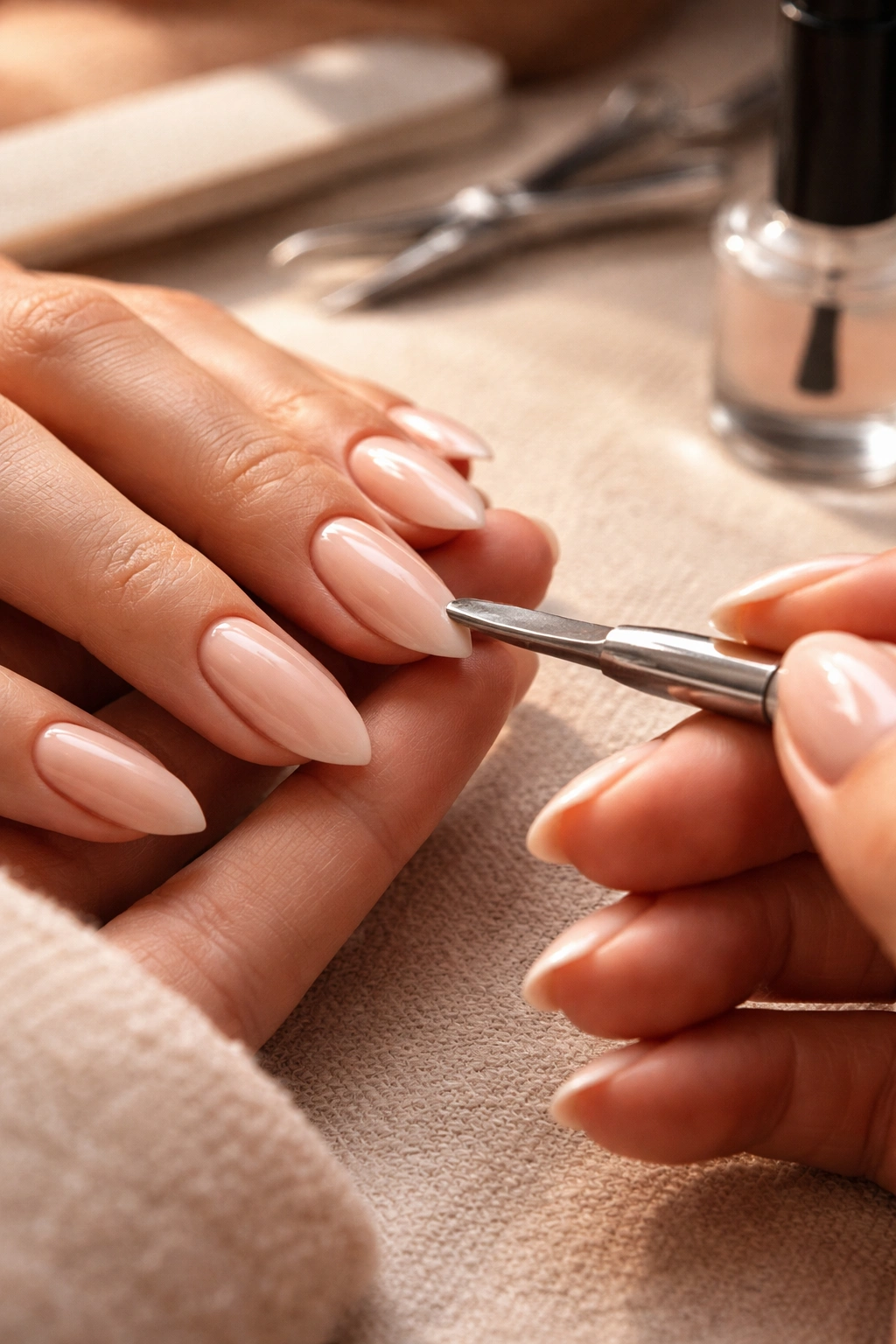 Close-up of almond nails during prep for a warm-tone French tip manicure, showing cuticle work and precise shaping.