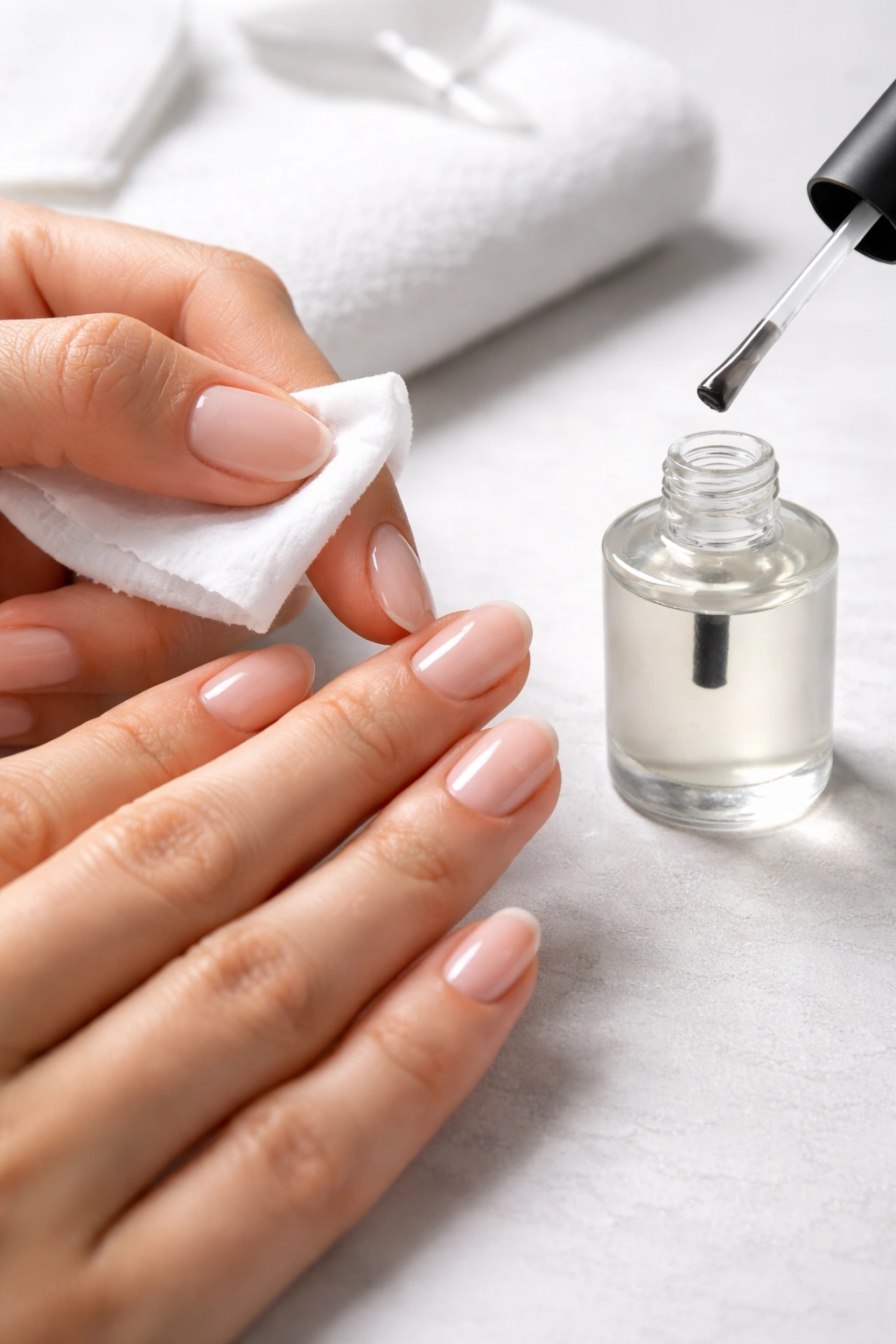 Hands being prepped for manicure with alcohol wipe and base coat