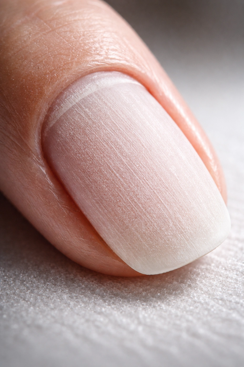 Macro close-up of buffed nail showing microgrooves for better gel adhesion