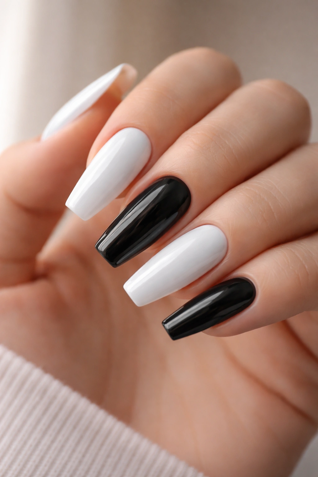 Pristine white and black nails with smooth surfaces on a ballerina shape