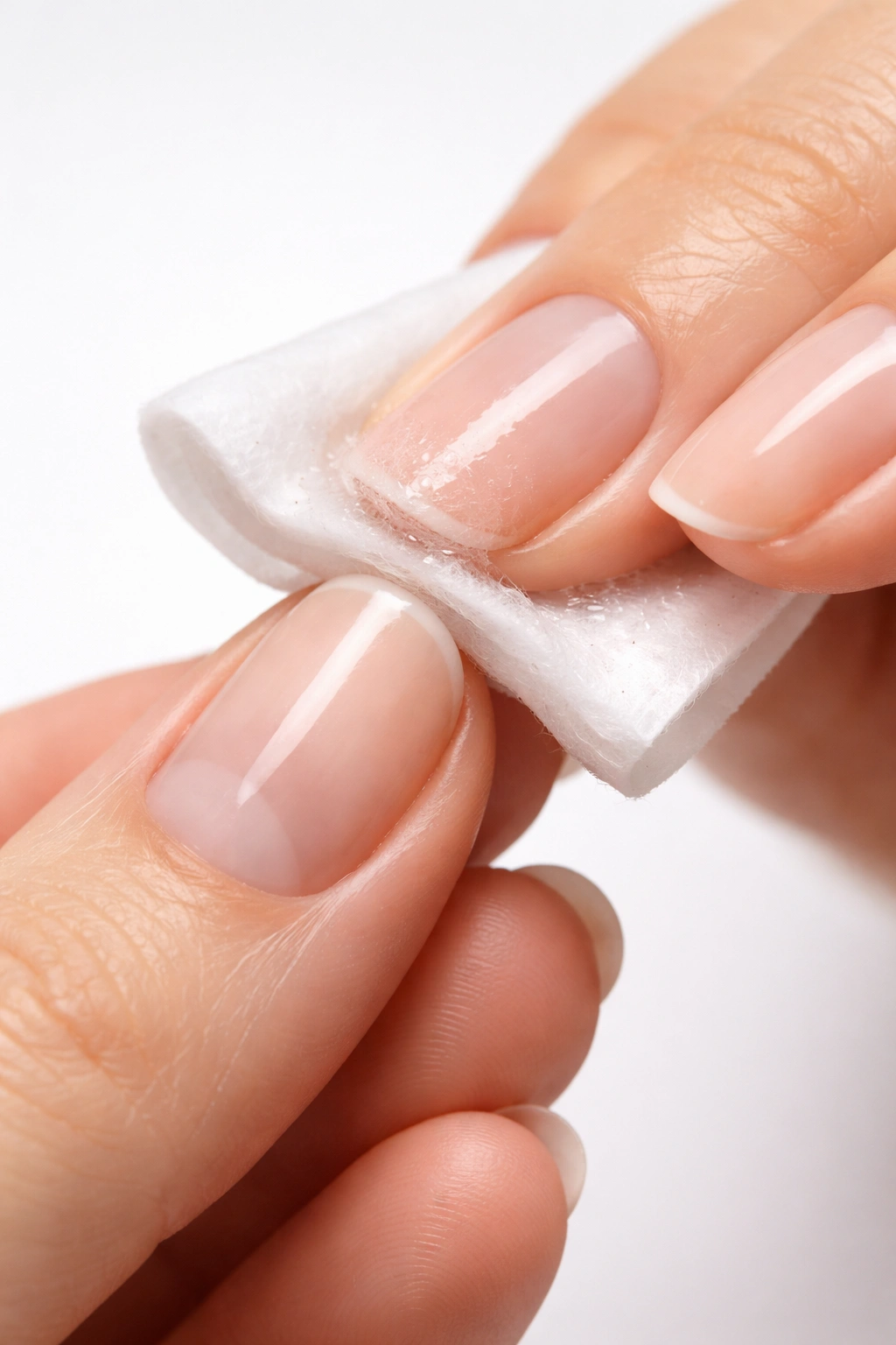Hand wiping nail with a cotton pad to remove polish residue