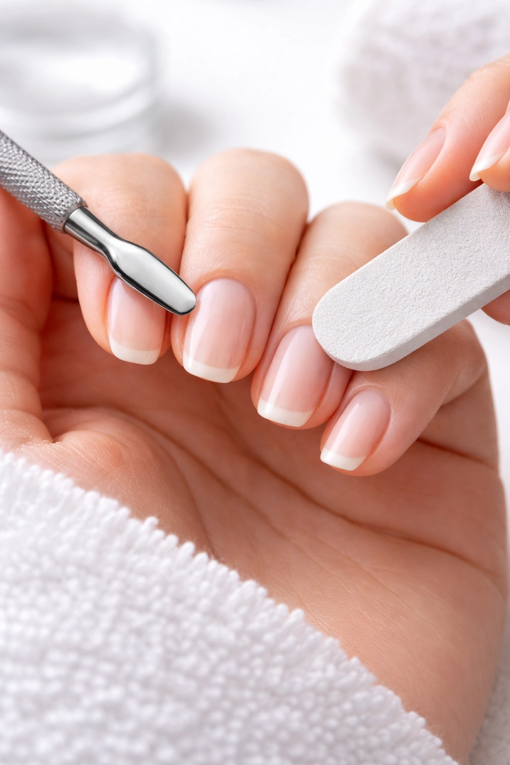 Macro close-up of nails being prepped with cuticle push-back and filing