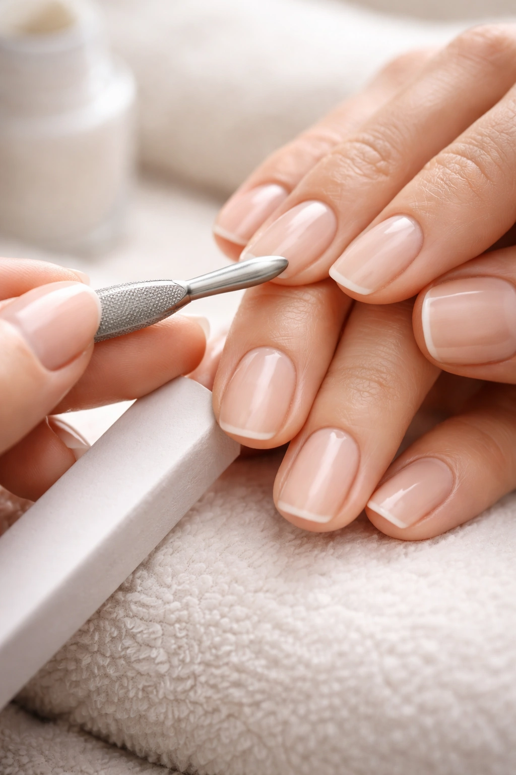 Nails being prepped with cuticle pushers and buffing before marble design