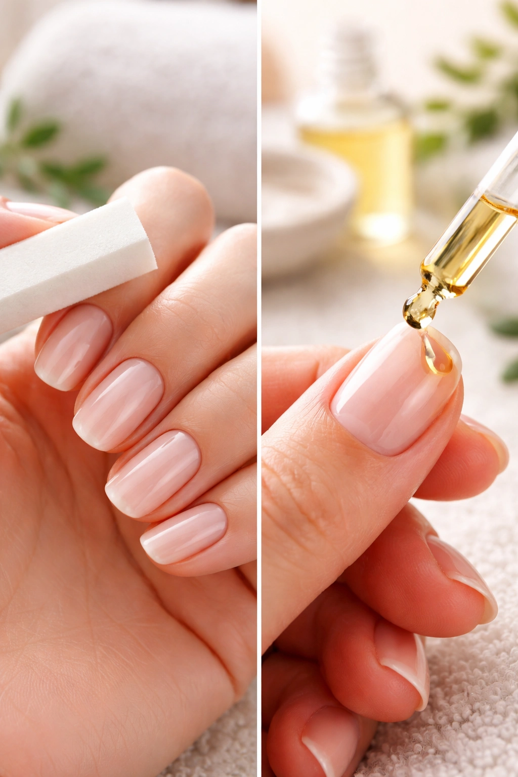 Close-up of natural nails being buffed with cuticle oil being applied