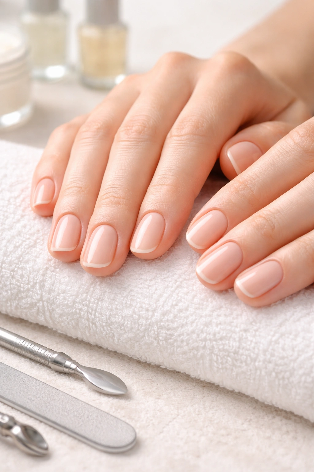 Hands with cuticles pushed back and nails prepped