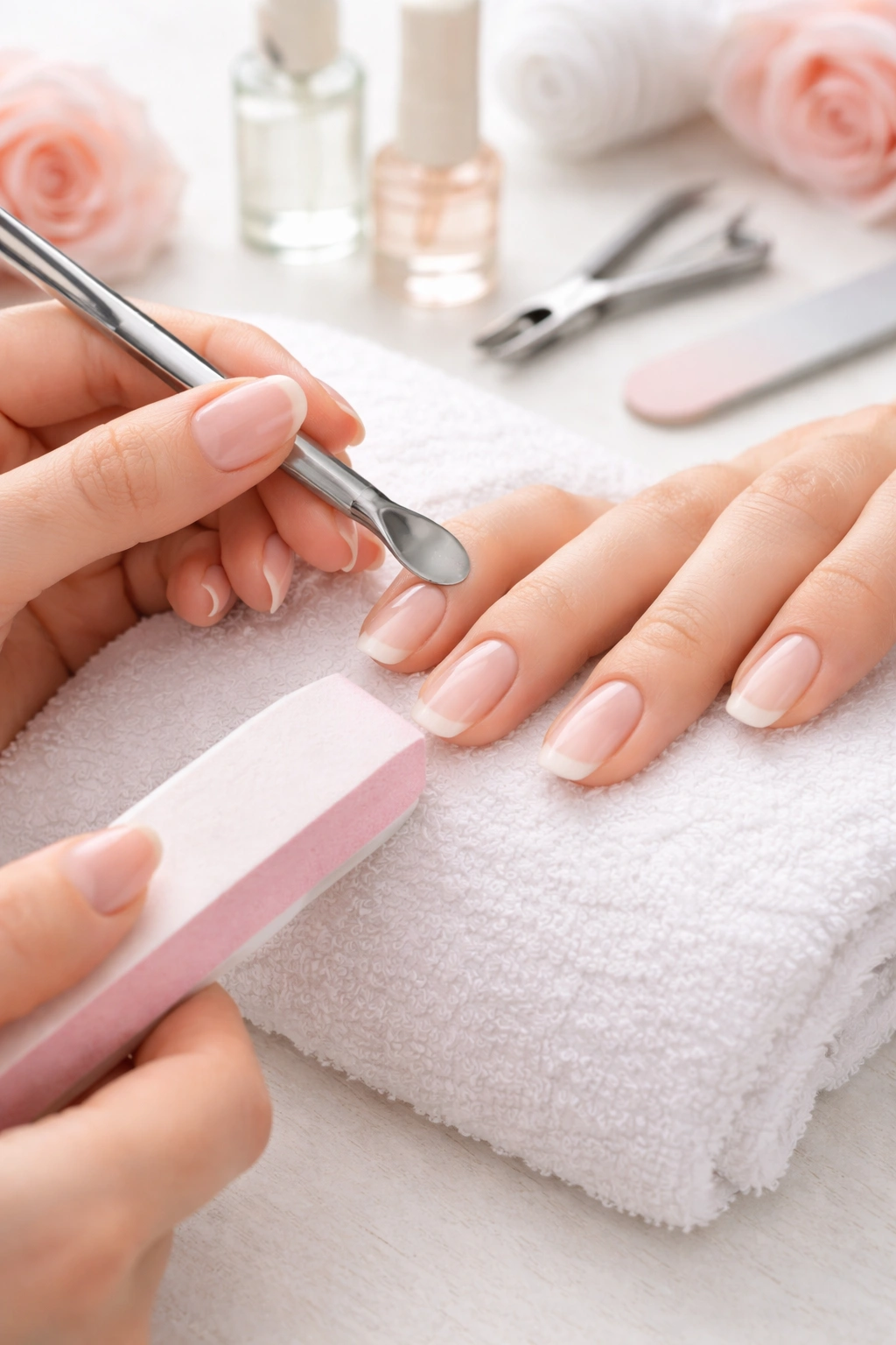 Hand prepping nails with cuticle pushers and buffing for bloom gel