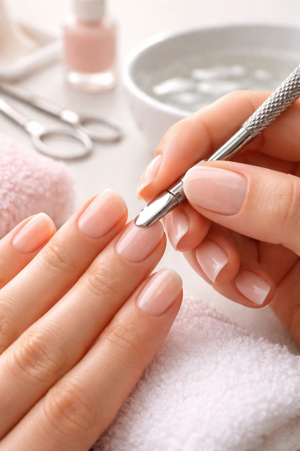 Close-up of hands with cuticle pusher pushing back cuticles during prep.