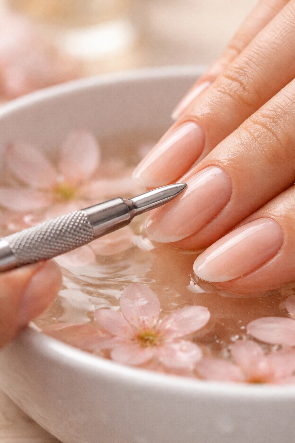 Hand with cuticles being gently prepped with a metal cuticle pusher