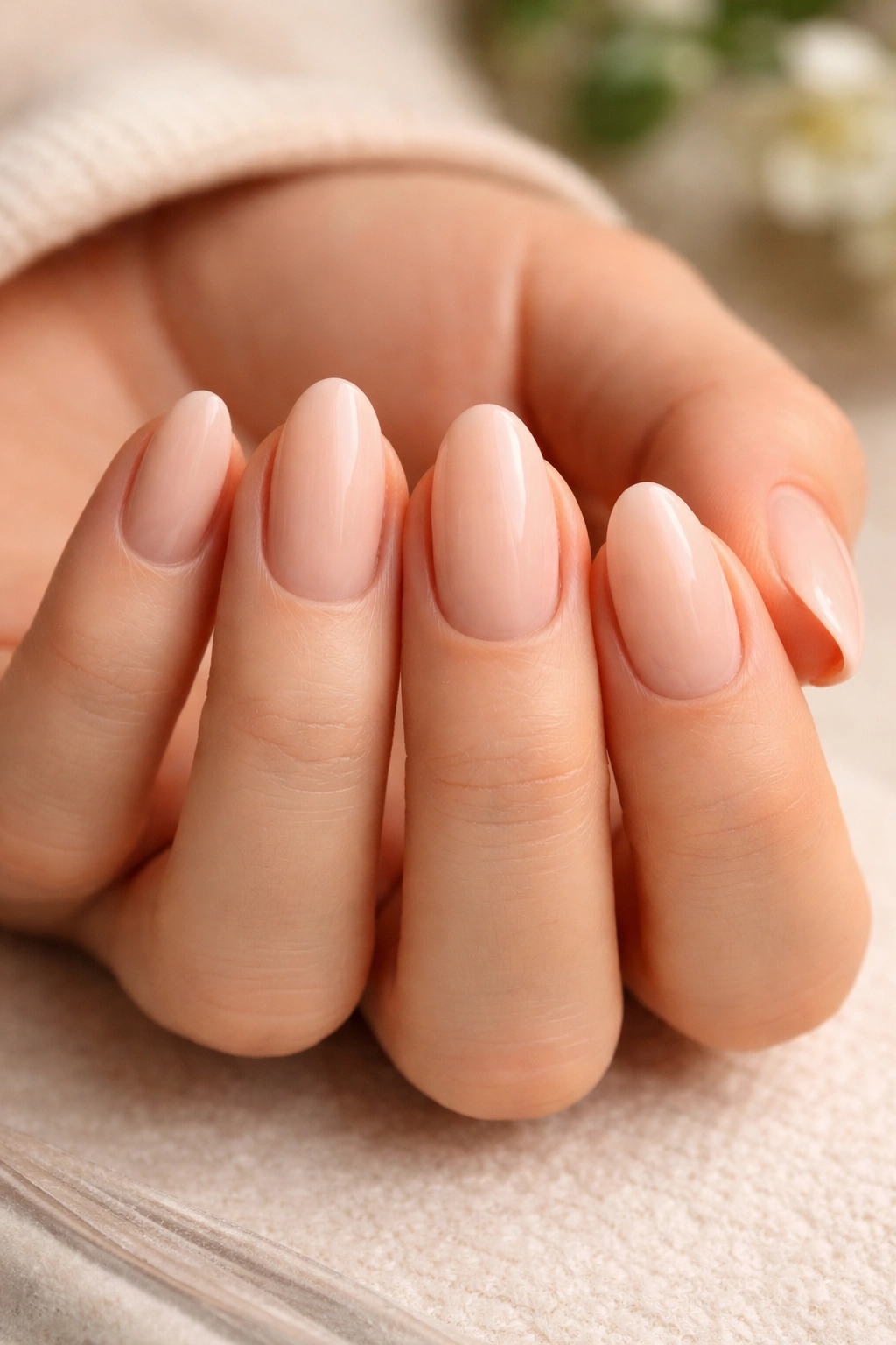 Close-up of prepped short almond nails with clean cuticles and smooth surfaces