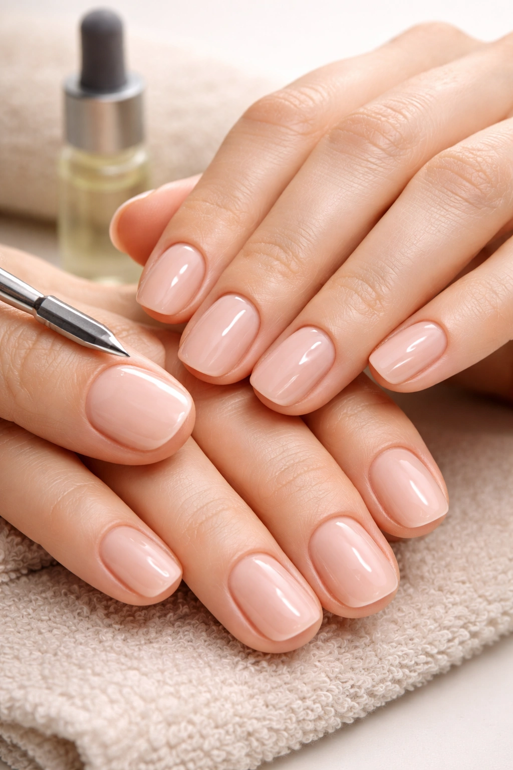 Close-up of groomed cuticles and short squoval nails