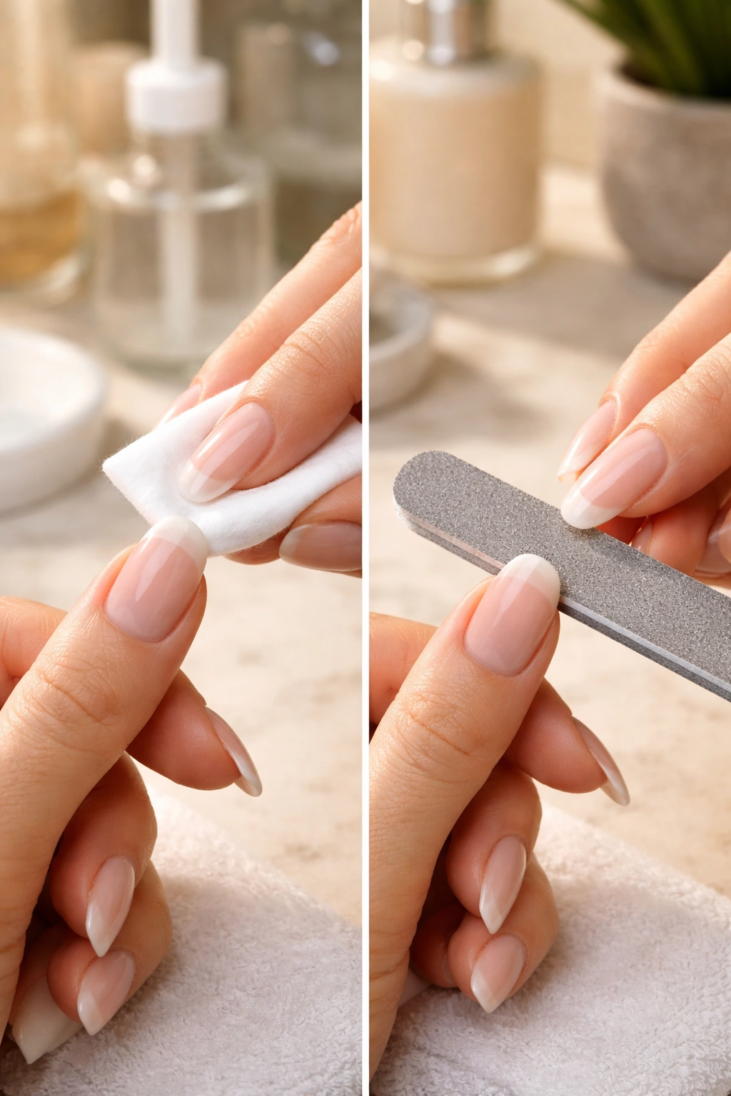 Hand prepping acrylic nail with wipe and gentle filing