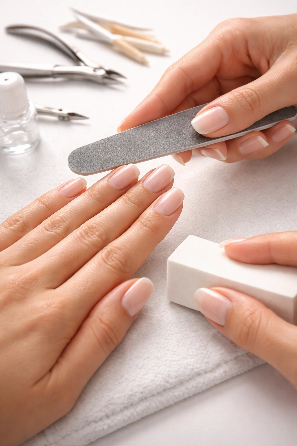 Hands filing and buffing nails during prep
