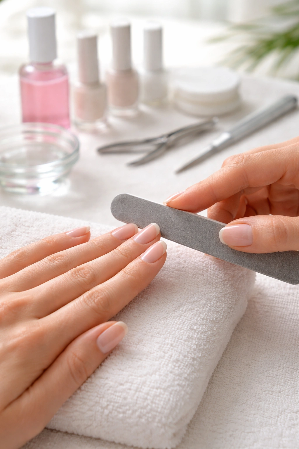 Nails being shaped and buffed during preparation