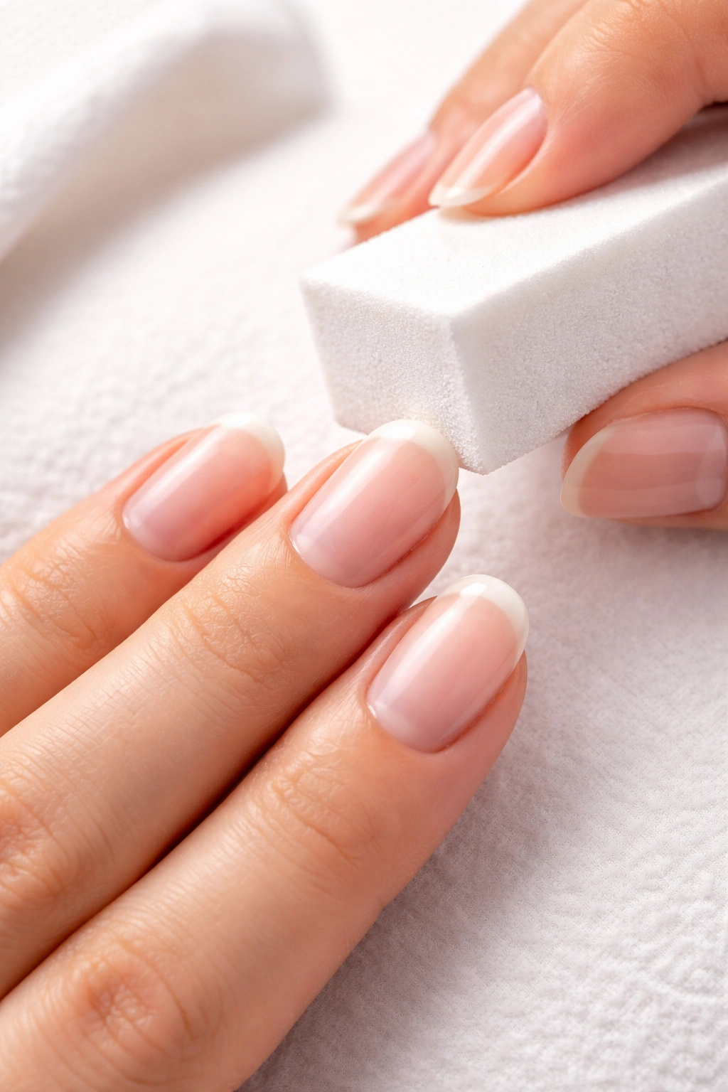 Close-up of natural nails being prepped with buffing and cuticle attention