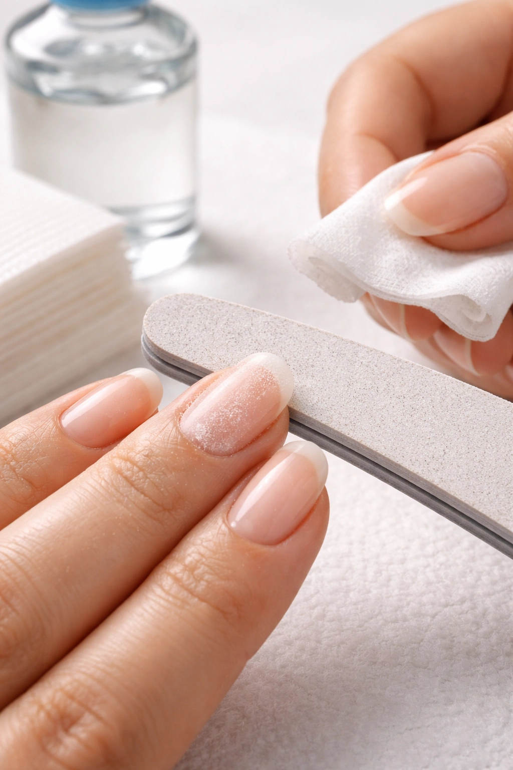 Close-up of hands during nail preparation showing file and wipe for gel nails