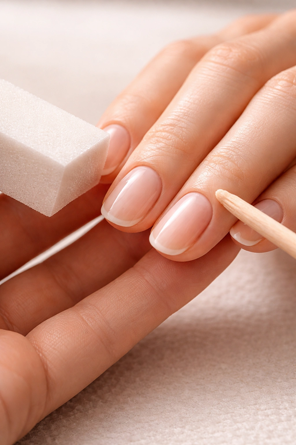 Close-up of bare nails being prepped for lamp-free chrome manicure with gentle buffing and pushed-back cuticles