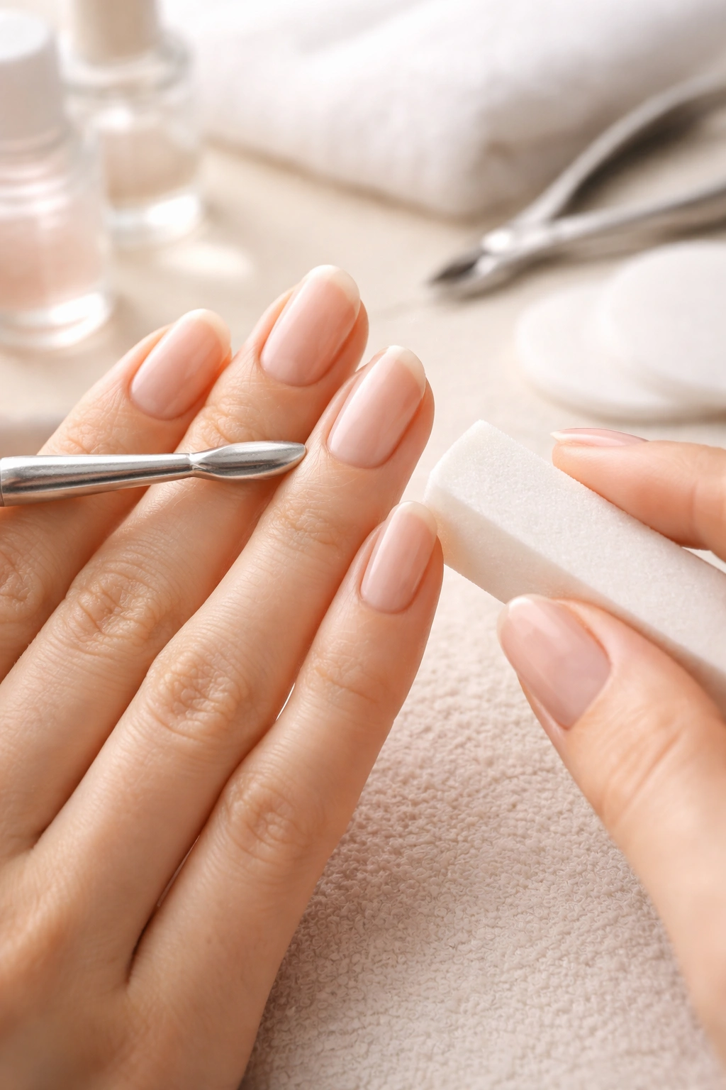 Macro close-up of nails being prepped with cuticles pushed back and nails buffed