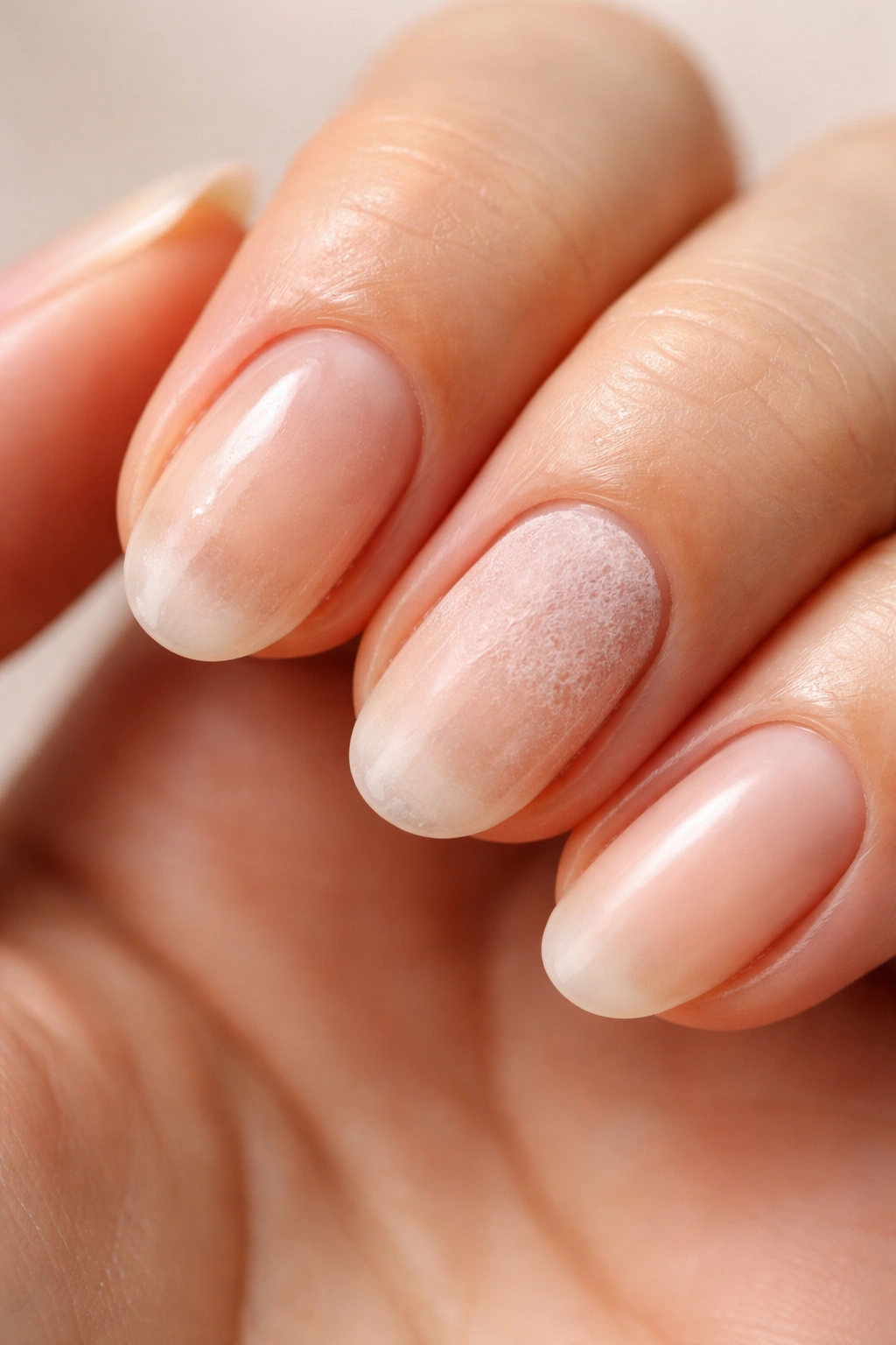 Close-up of nails with greasy surface and uneven buffing illustrating prep mistakes