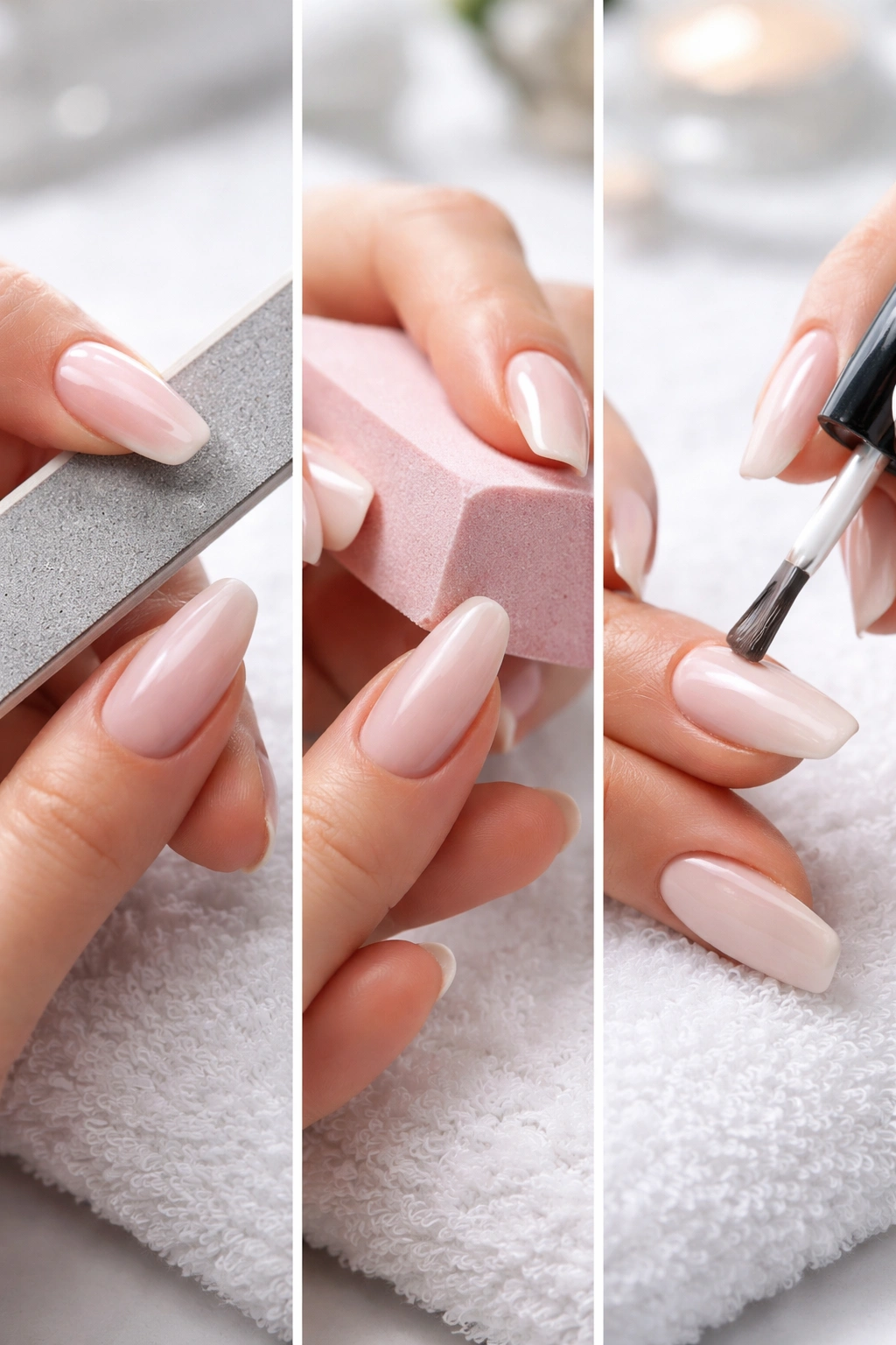 Nails being filed and buffed during prep for pastel ballerina nails.