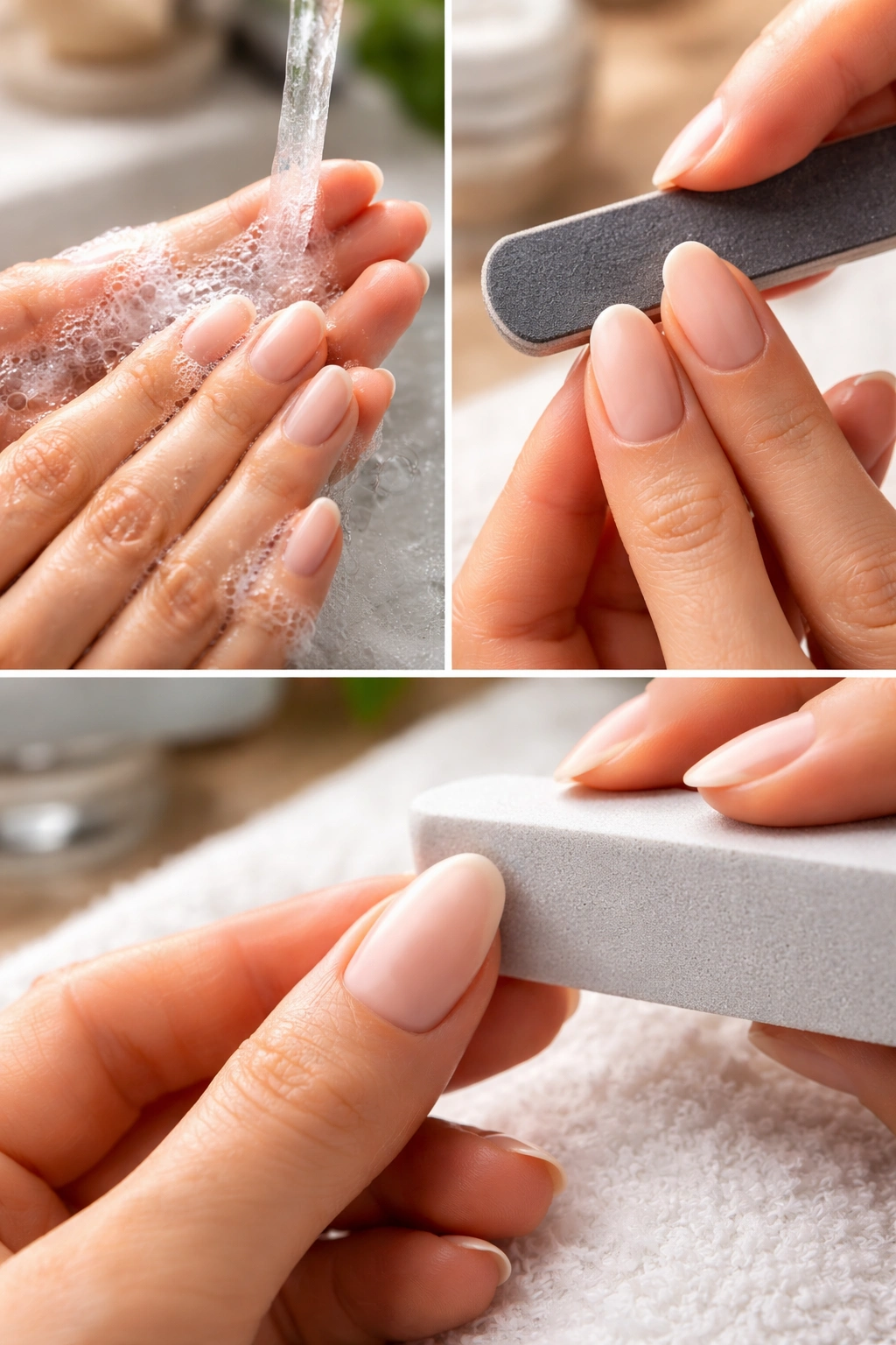 Close-up of nails being prepped with filing and buffing