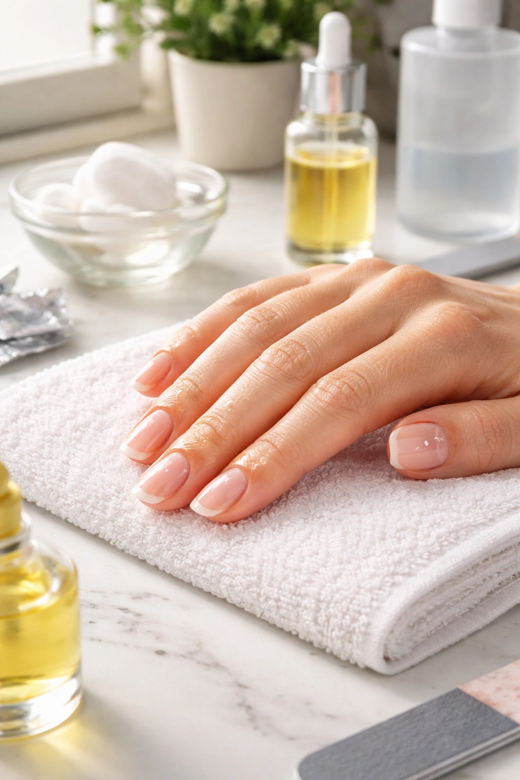 Hands protected with cuticle oil around nails during prep for dip removal