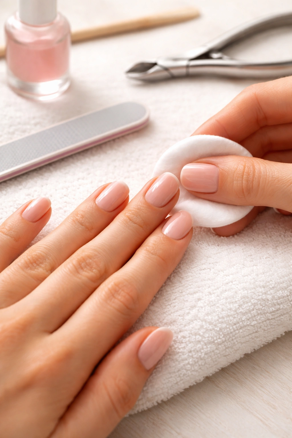 Nails being prepped with remover pad and file in clean setting