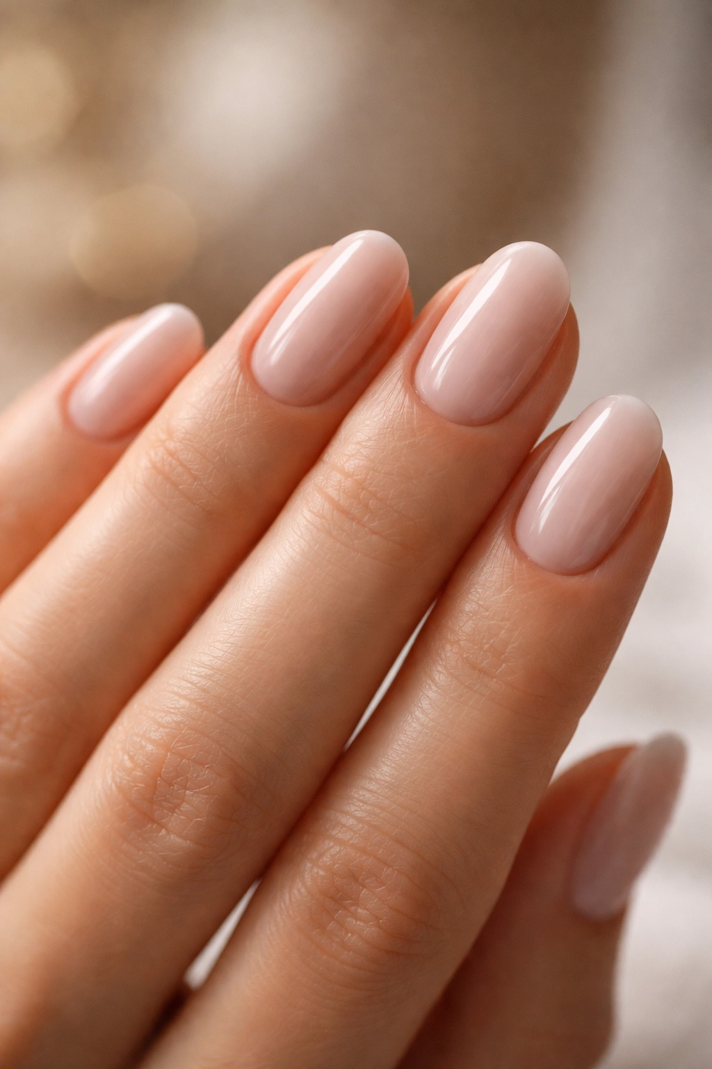 Close-up of hands showing nail prep for short oval nails with clean cuticles and balanced edges