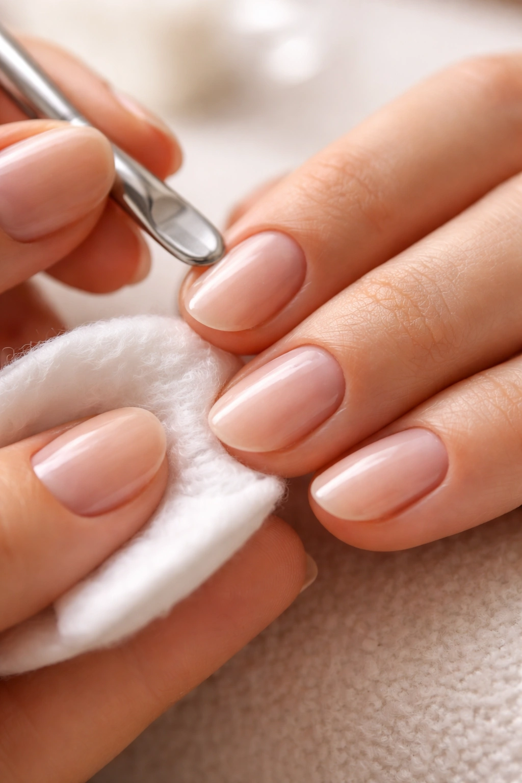 Close-up of short oval nails being prepped with cuticles pushed back and polished surfaces