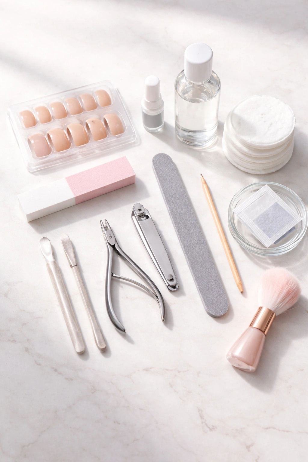 Neatly arranged nail care tools for at home manicure: glue, file, buffer, cuticle pusher, clippers, wipes