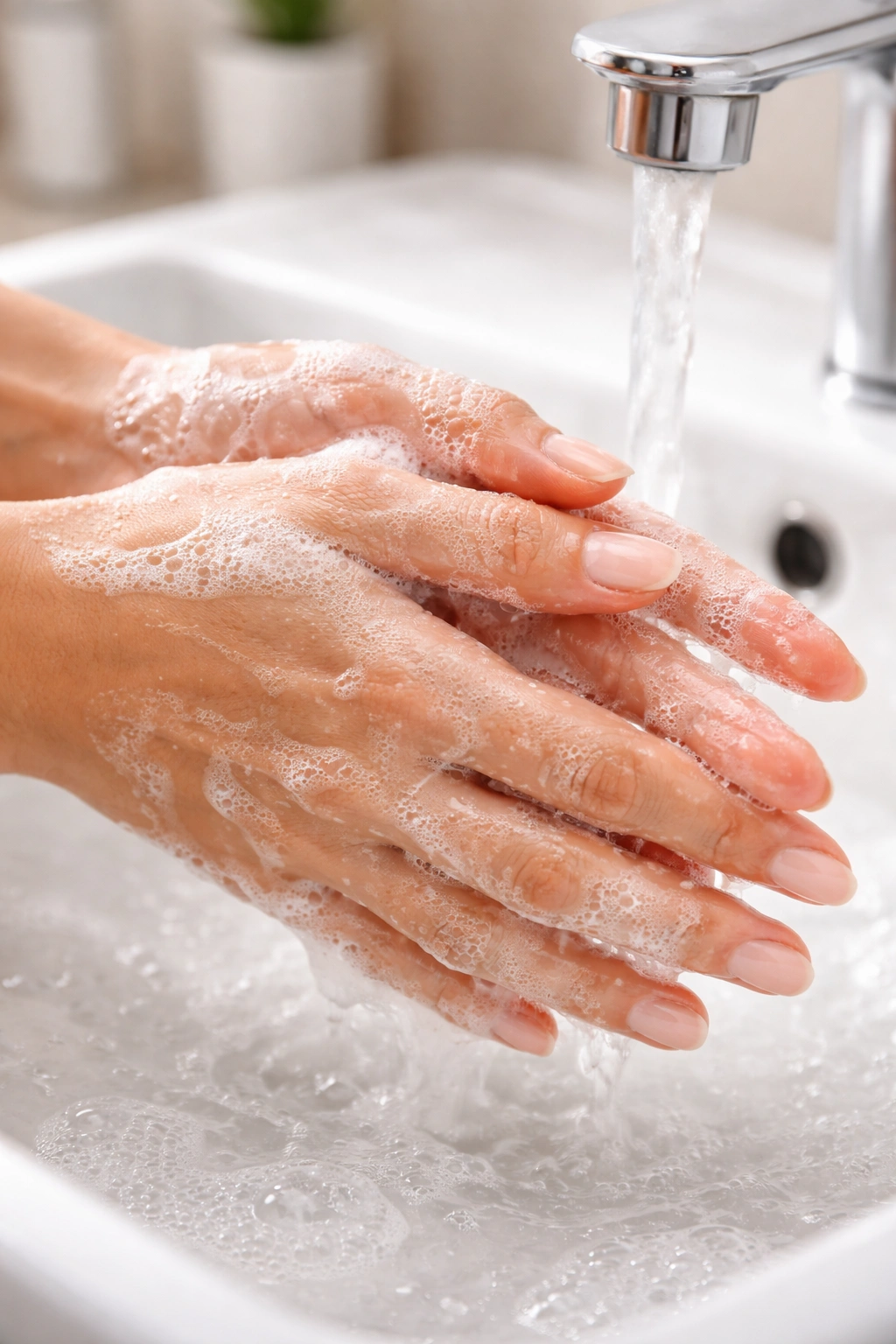 Hands washing to prep nails with clear, oil-free nails