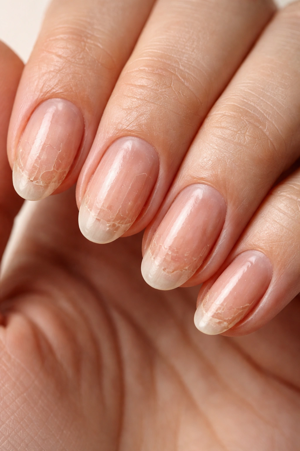 Close-up of nails showing dry brittle texture, uneven lengths, and peeling edges for troubleshooting.