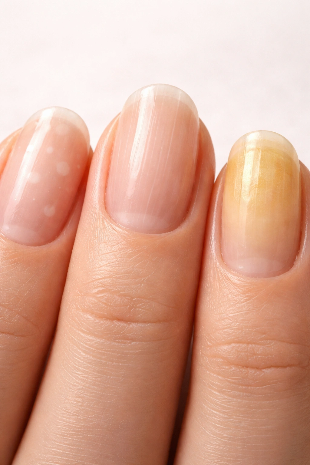 Close-up of nails with white spots and mild ridges