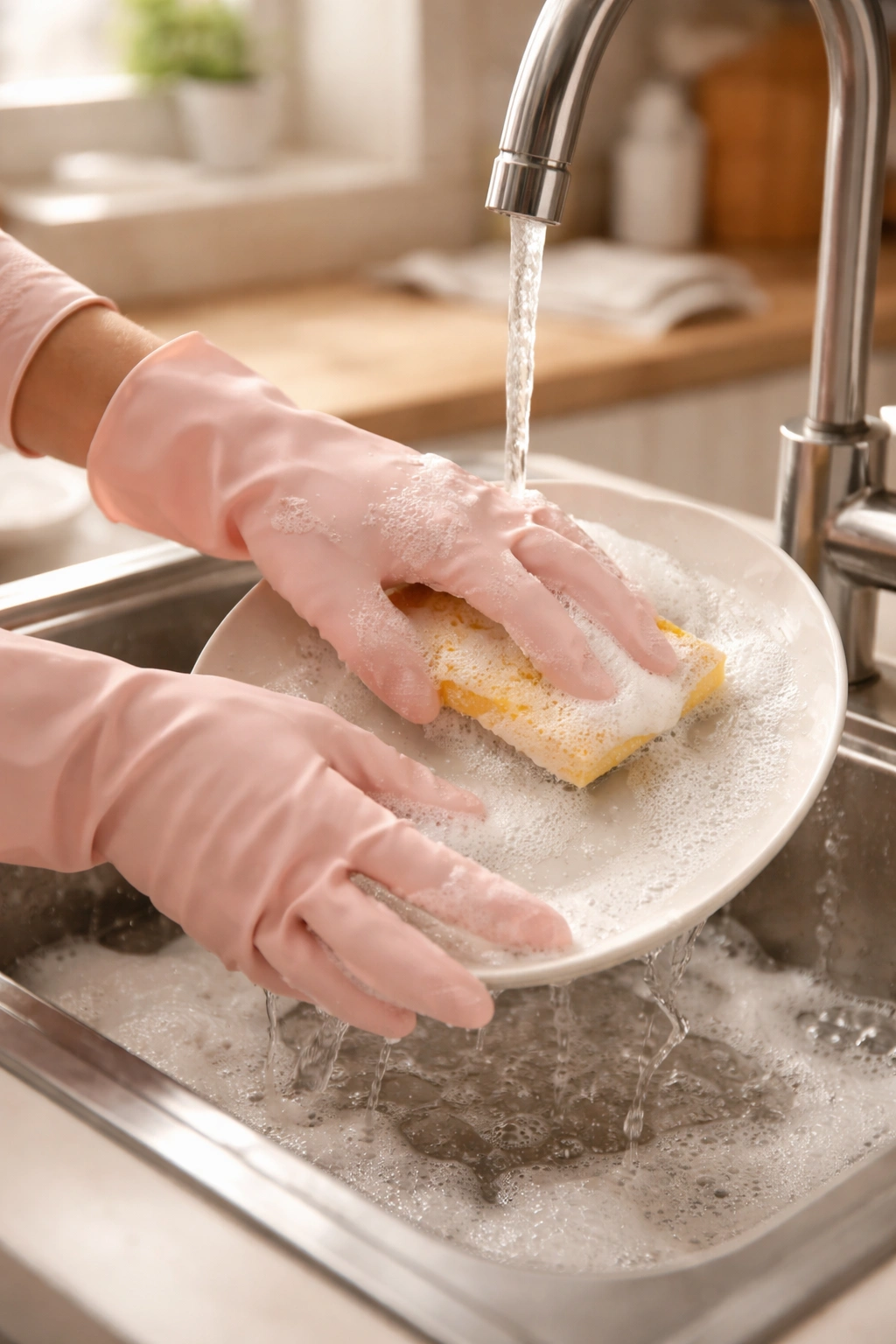Hands in rubber gloves washing dishes to protect nails during daily life