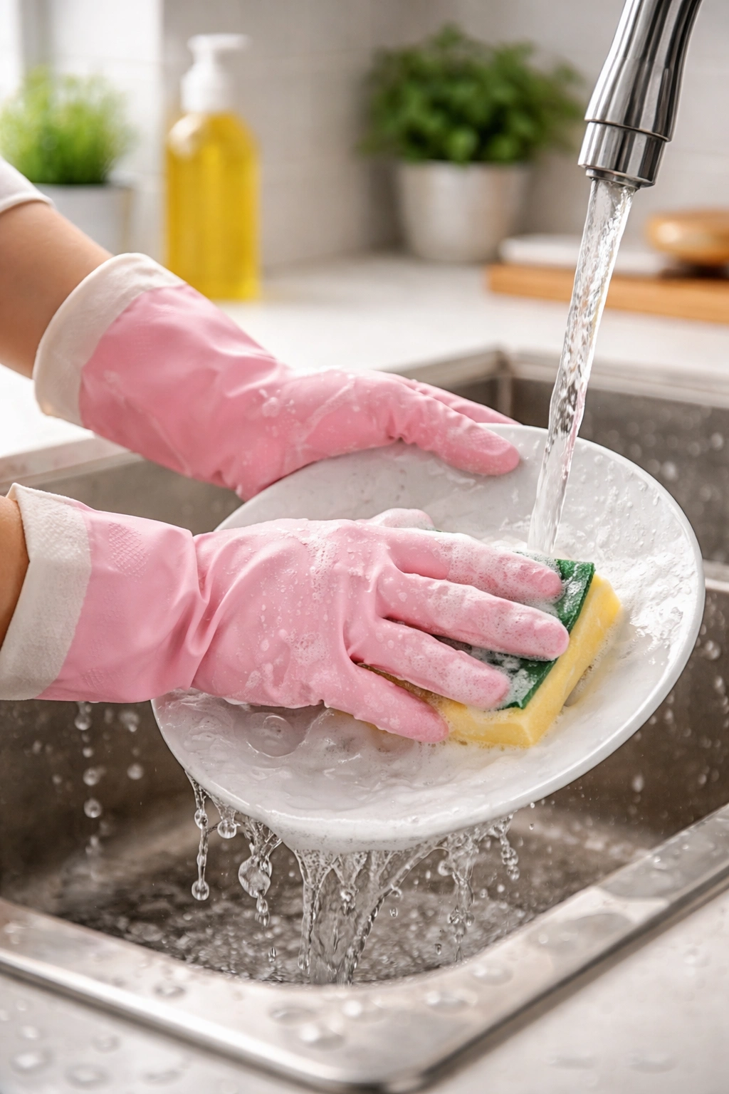 Hands in cotton-lined gloves protecting nails during cleaning tasks