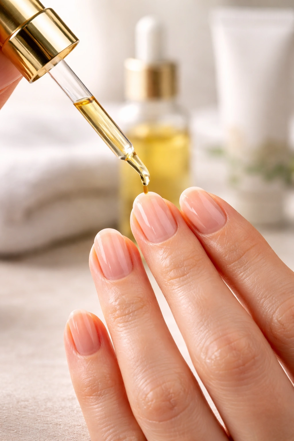Hand applying cuticle oil to nails during recovery