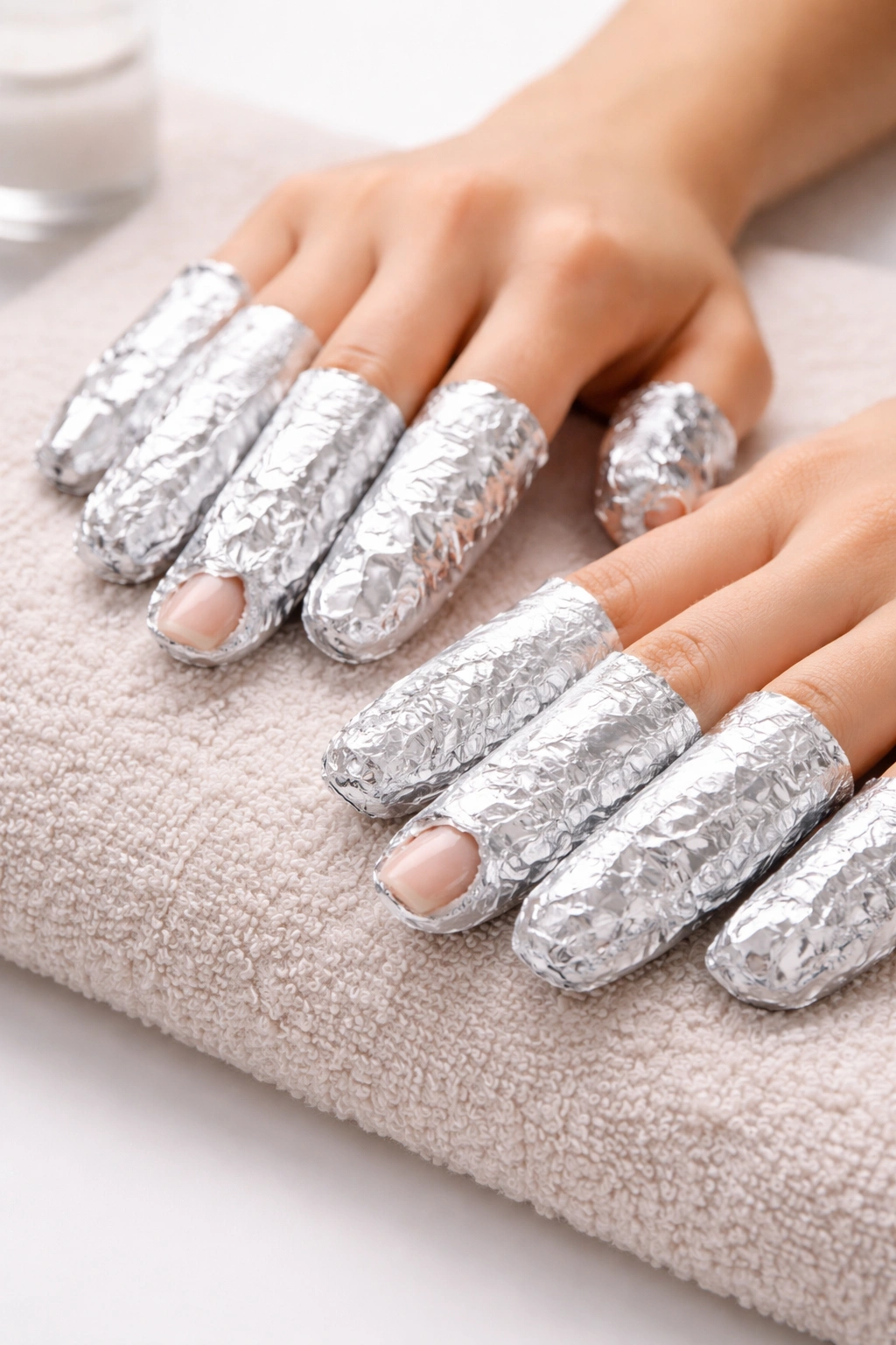 Nails during removal process with acetone pads and foil