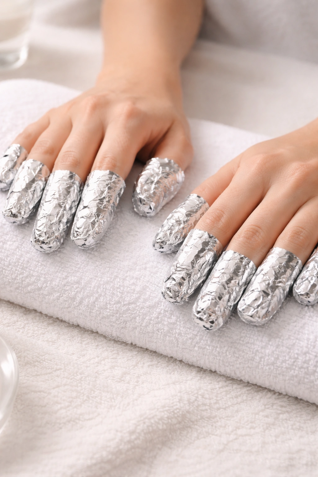 Hands with nails wrapped in foil during removal process