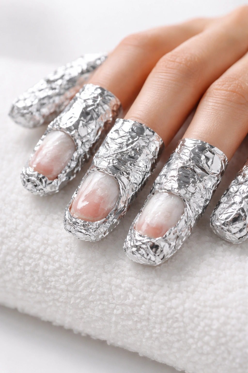Nails wrapped in acetone-soaked cotton with foil during removal.