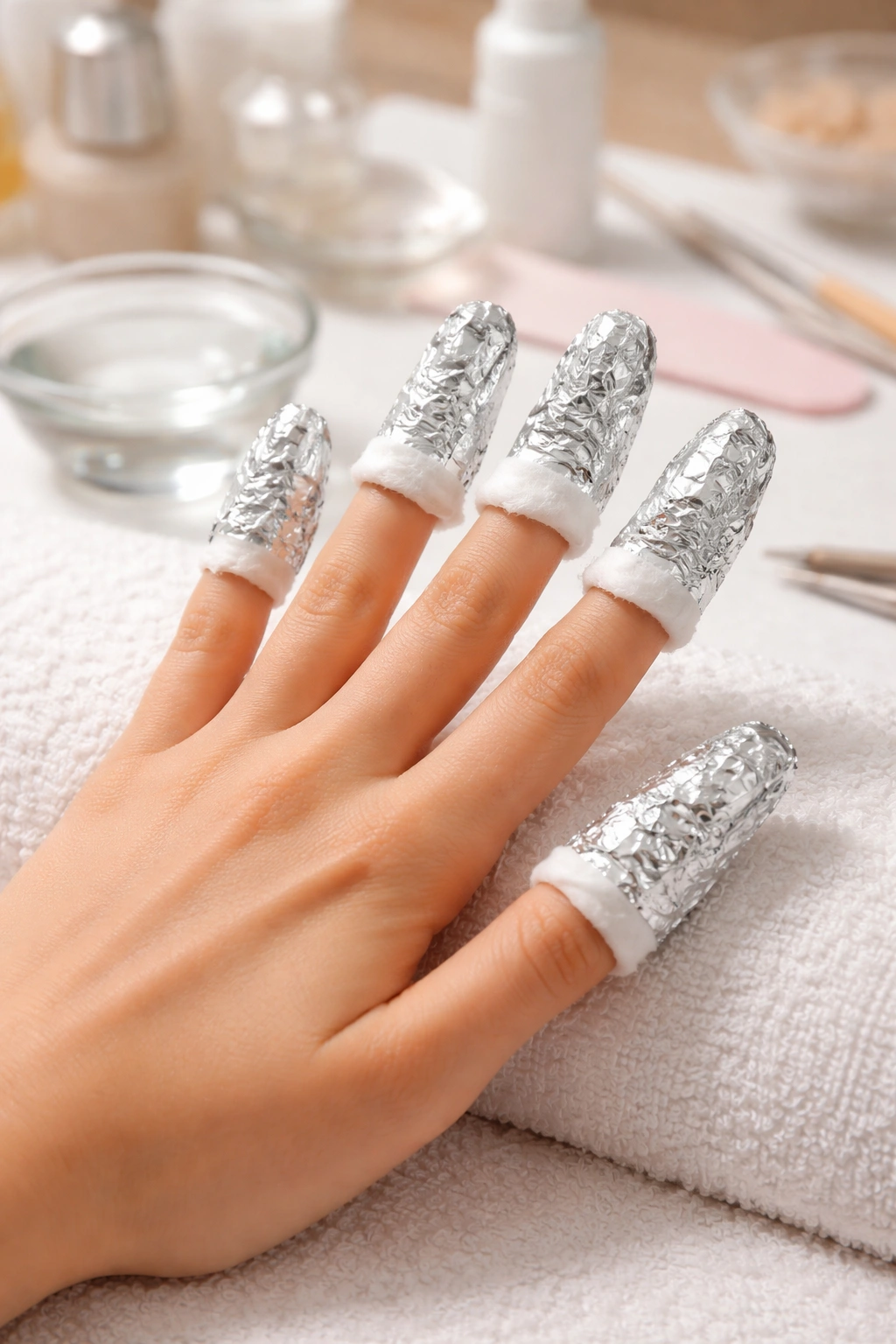 Nails wrapped in foil for acetone removal