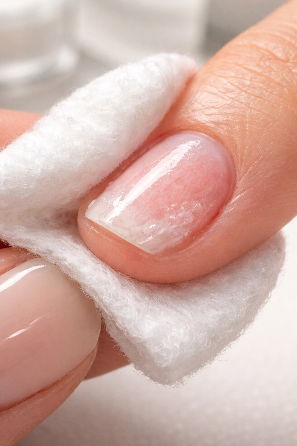 Fingertip during nail removal with cotton pad on nail