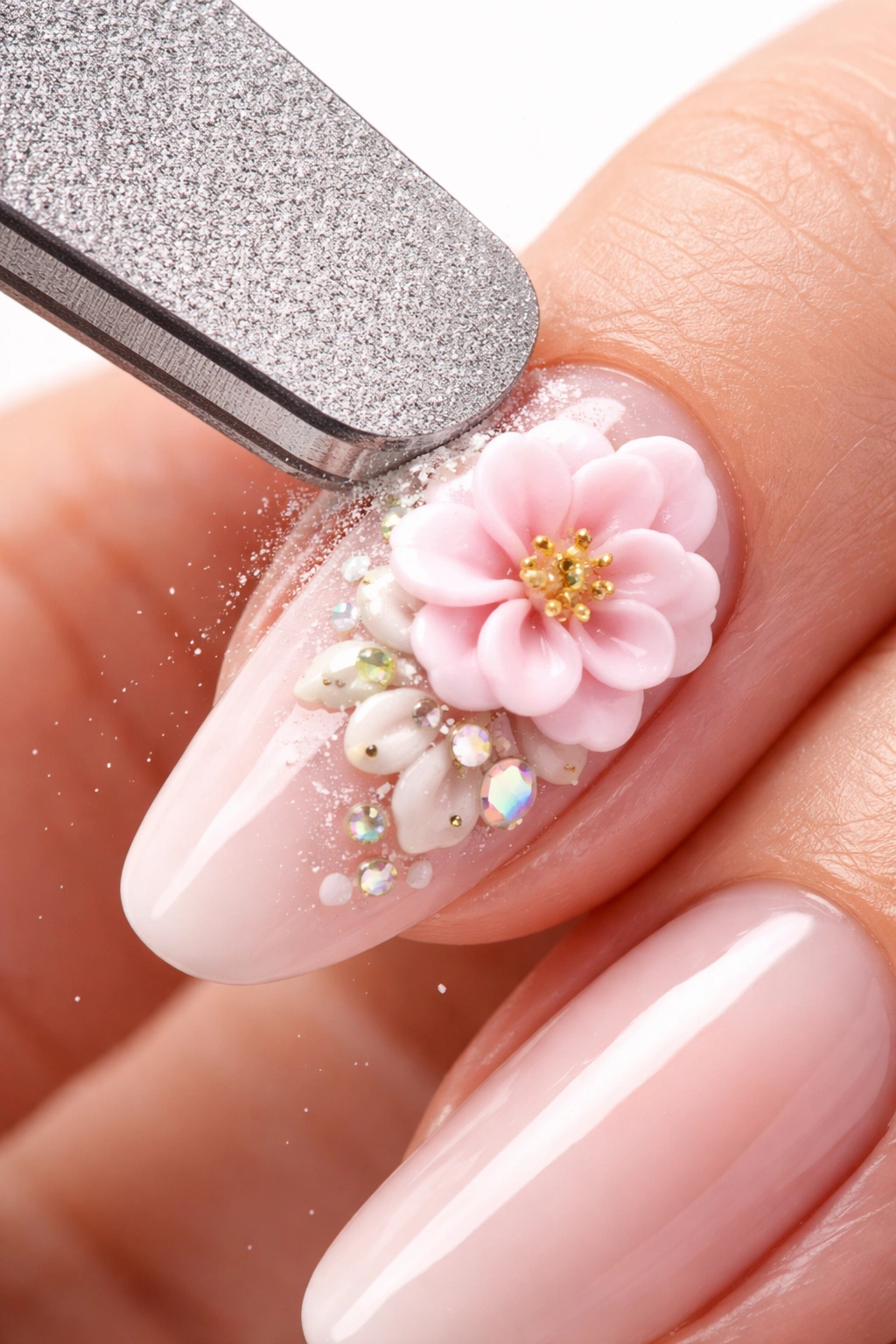 Nail being filed to remove 3D nail art safely