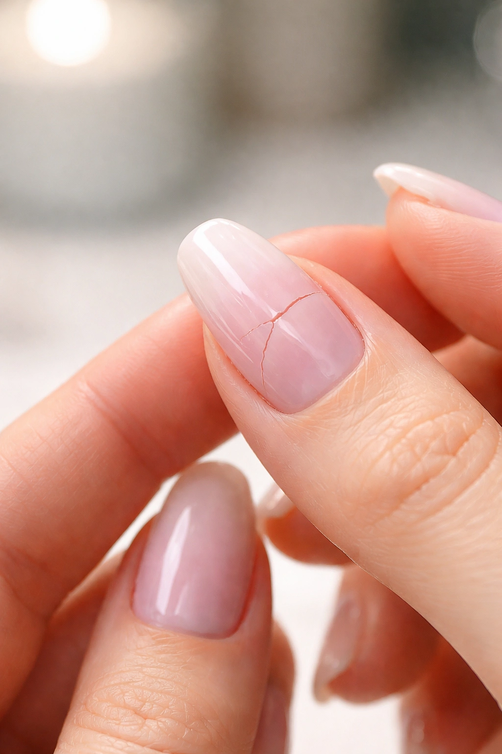 Close-up of hand inspecting a small acrylic nail crack at home