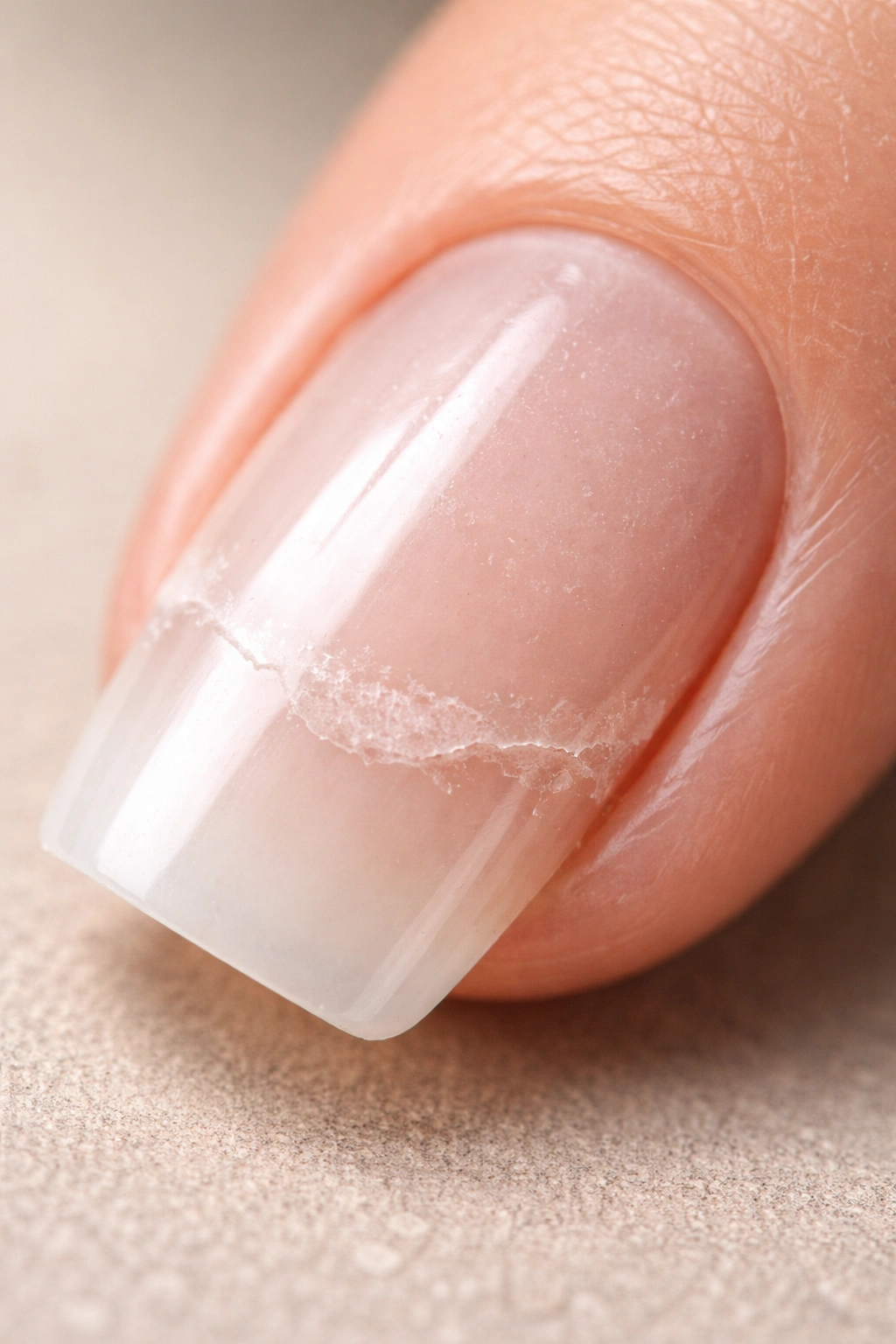 Nail showing uneven repair edge and adhesive residue