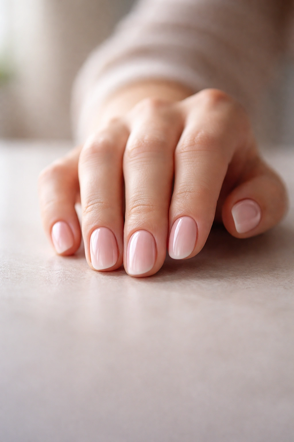 Close-up of a hand with polished nails on a neutral surface, representing final thoughts on nail repair