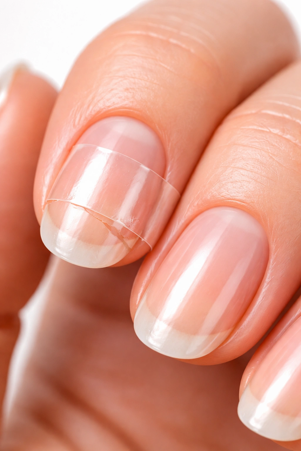 Close-up of a fingernail with clear tape over a crack for emergency nail repair